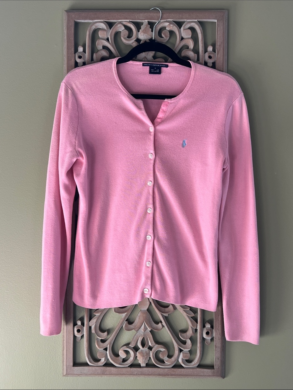 Vintage Ralph Lauren Sport Pink Cotton Crewneck Cardigan w/ Blue Logo Size M